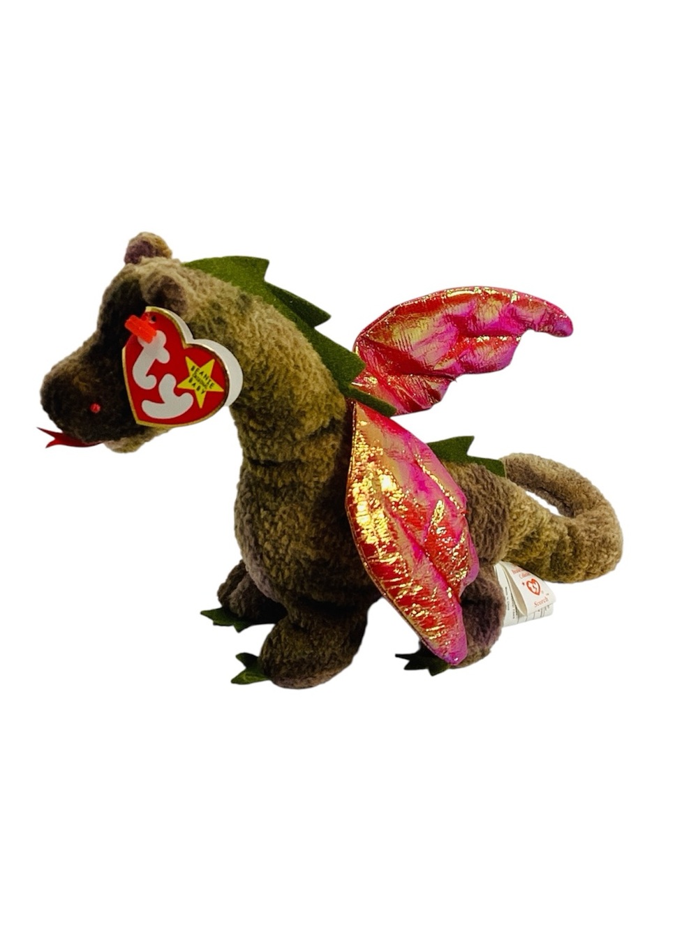 💚 TY “Scorch” Beanie Baby Brown Plush Dragon with Pink Shimmery Wings